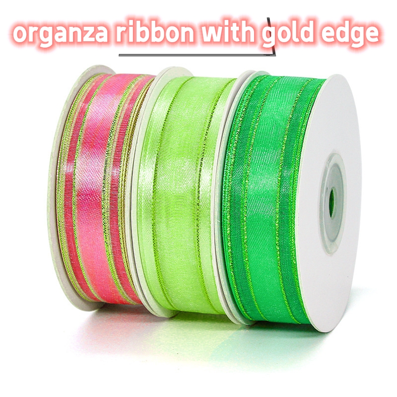 whosale  customized colors  gift packing wrapping golden edge organza ribbon for gift decoration